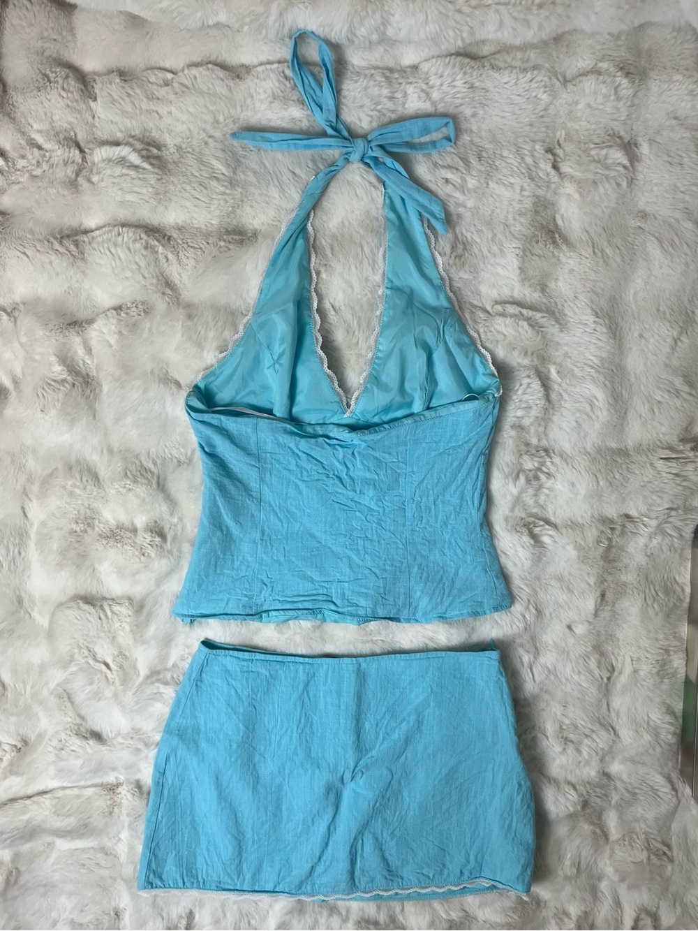 Princess Polly Light Blue Lace Trim Halter Top Mini Skirt Matching Co-ord Set 4 - Picture 6 of 11